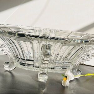VTG Pressed Glass Scroll Handle Footed Console Bowl Hollywood Regency 10.5”